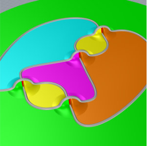 Next we add faces in each portion of the plane bounded by edges and knot strands. The green face goes off to infinity in all directions. These faces cut the space into the half on the other side of all the faces, and the half on this side. Each of these halves is a polyhedron, though some of its edges have been folded together. To see it more clearly we'll need to unfold these edges .