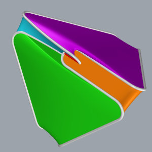 The polyhedral decomposition of the figure-8 knot into two tetrahedra. The fact that this is shaped like a tetrahedron does nothing to help you see why the polyhedra are tetrahedra, but it looks cool!